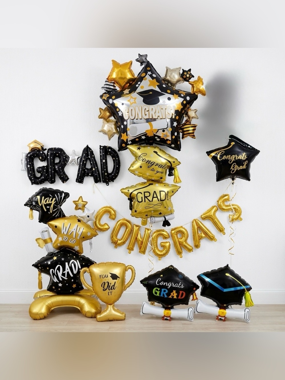 9pcs set Graduation Foil Balloon Bouquet - Black & Gold 24”~ 48”